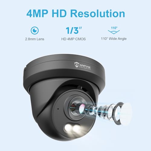 Image of Anpviz 4MP PoE Camera Black, Turret Security IP Camera Outdoor Wired | Al Human Motion Detection, Smart Color Night Vision, Built-in Mic, 2.8mm Lens@25FPS, NDAA, IPC-D3B43B-S (U Series)