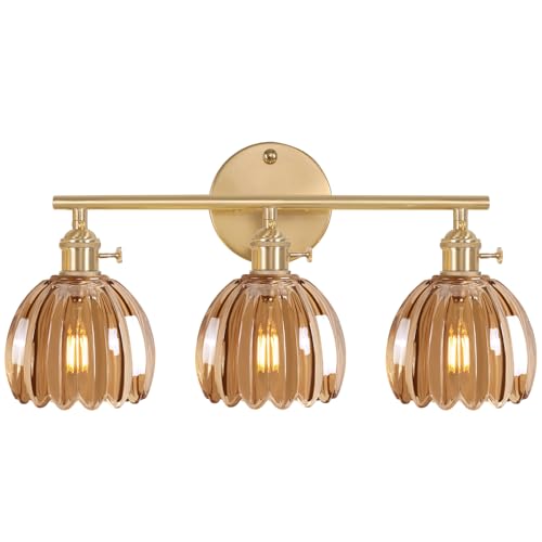 Image of Shenmoyl Bathroom Wall Light Fixtures Over Mirror, 3-Light Brass Gold Vanity Lights with Amber Tulip Glass Shade for Bedroom Living Room