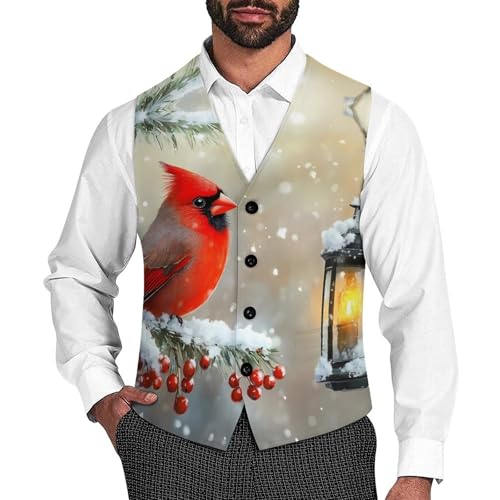 Cardinal Winter Bird Trendy Vest Suit for Men V Neck Formal Dress Waistcoat Vests Business Slim Fit