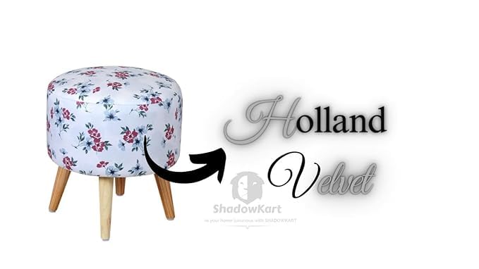 Image of Ottoman for Living Room, Velvet Round Foot Rest Stool, Wooden Legs Chair for Sitting, Ottoman for Bedroom & Makeup Room Decor | Chair (18 inchx18 inchx32 inch), Puffy (16 inchx16 inchx17 inch) | White Flower
