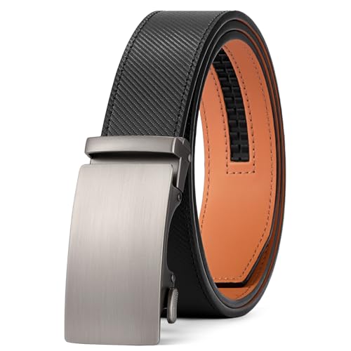 SENDEFN Men's Leather Belt Automatic Ratchet Buckle Slide Belt for Dress Casual Trim to Fit with Gift Box