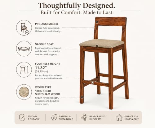 Image of Solid Sheesham Wood Bar Chair | Wooden Bar Stool for Kitchen Counter, Cafe, Dining & Home Bar | High Chair with Cushioned Seat | Brown Finish