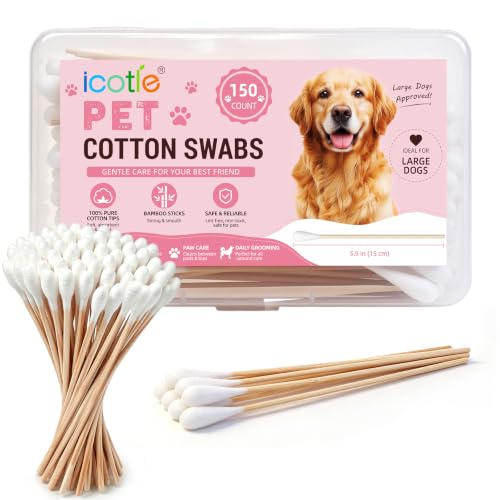 ICOTLE Dog Ear Cleaning Swabs, 150 Ct, 6 Inch Bamboo Stick, Large Dogs