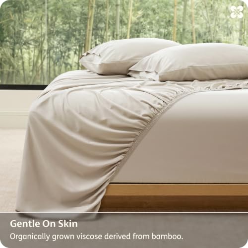 Image of Bedsure PureWoven 100% Viscose Derived from Bamboo, Queen Sheets, 3PCS | Organically Grown, 18 inch Deep Pocket, Cooling Fitted Sheet Set for Hot Sleepers, Luxury Silky Soft, No Flat Sheet, Beige
