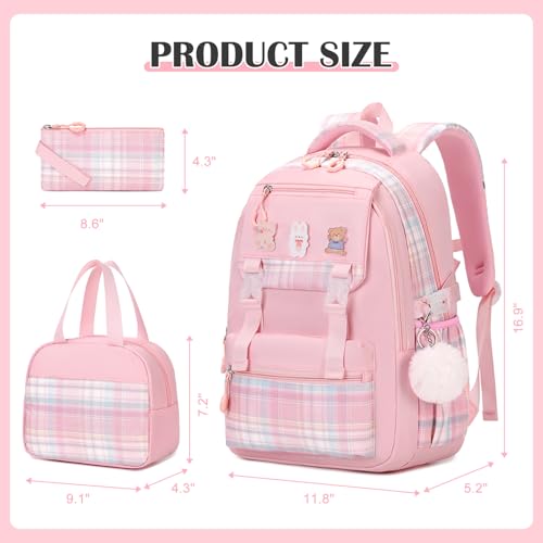 3PCS School Backpack for Girls, Girls Backpack with Lunch Box, Pencil Case, Cute Kawaii Plaid Book Bag for Teen Girl Kindergarten Elementary Preschool Middle High School, Pink2
