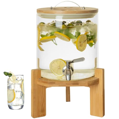 Dispensador de bebidas de vidrio con grifo y soporte de acero inoxidable, recipiente a prueba de fugas para cócteles, jugos, agua, bebidas, capacidad de 4 litros