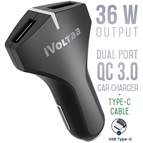 Image of iVoltaa Dual Port Car Charger 36W | QC 3.0 Fast Charging | USB A + USB A | Smart Power Distribution | Compatible with Android & iOS | Includes USB Type C Cable