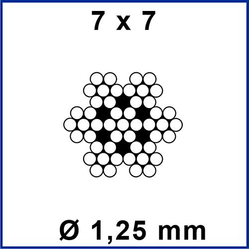 Cuerda de alambre de acero inoxidable, diámetro = 1,25 mm, 125 metros, 7 x 7, cable de acero inoxidable A4 V4A INOX