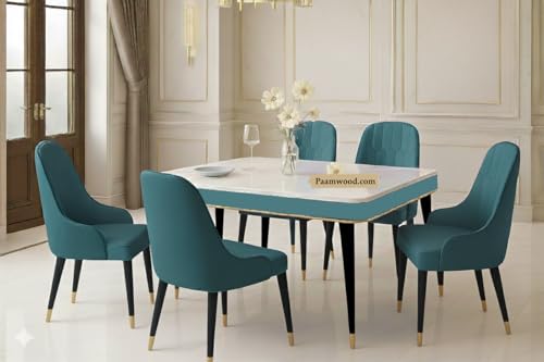 Image of Swiss Modern Dining White Marble Top Table Set with Sheesham Wood Legs, 6 Seater with Upholstered Chairs (71x36x30 Inches) (Sea Blue)