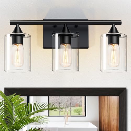 Image of Bathroom Lighting Fixtures Over Mirror,3-Light Black Bathroom Vanity Light,Sconces Wall Lighting with Clear Glass Shade,Light Fixture for Bedroom Living Room Vanity Table Hallway