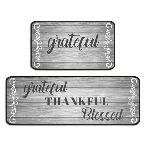 Thankful - Juego de 2 tapetes de cocina grises para cocinar, antideslizantes, impermeables, de pie, 17 x 30 pulgadas + 17 x 47 pulgadas