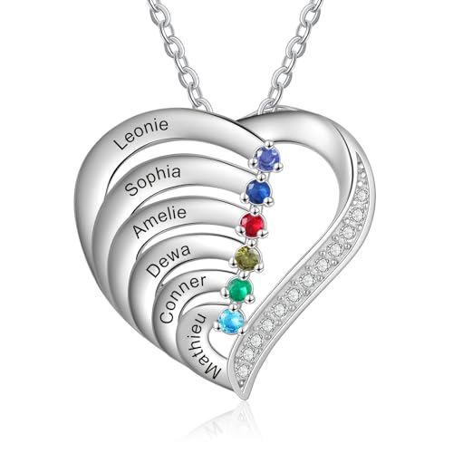 RolaOnly Regalos de Nochebuena para Mujeres, Collar personalizado, Plata S925, Grabado Individualmente con 2-5 Piedras de Nacimiento y Nombre, Collares Colgantes de Corazón Diseñados a Medida