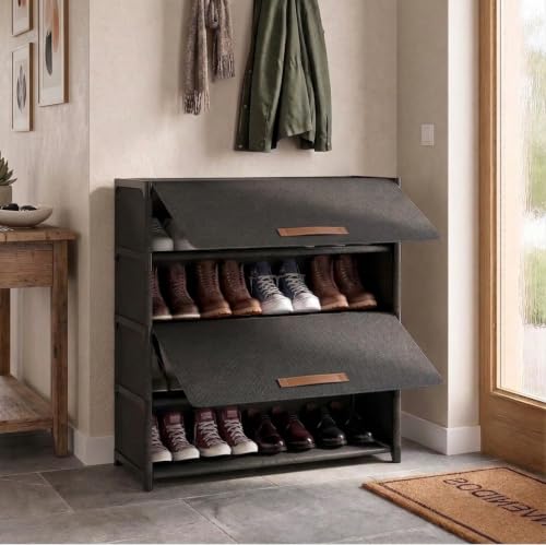 Sapateira Vertical Estreita com Porta 2 Tampas/Gavetas – Organizador Calçados Quarto Hall e Porta Entrada. Armário para 12 Pares em Tecido Preto e Estrutura Metálica (70x60x30cm)