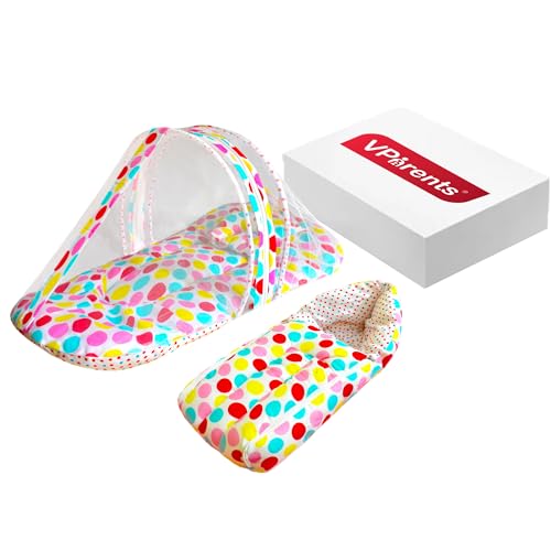 Image of VParents mite Polka dots Cotton Bedding Combo: Mosquito net Attached Bed & Travel Nest