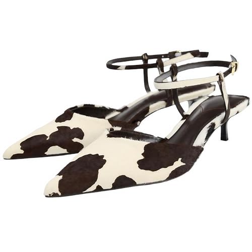 YIYA Women's Brown Cow Print Slingback Kitten Heels Closed Pointed Toe with Buckle Ankle Strap Low Heels Party Dress Fall Pumps Shoes
