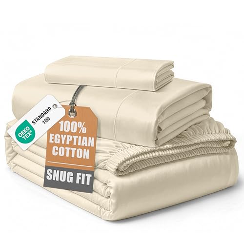 Image of LANE LINEN Twin XL Bed Sheets 100% Egyptian Cotton Sateen - Ivory | Cooling Sheets Twin XL - 3-Piece Set, Ideal For Dorms And Adjustable Beds, For Guests And Everyday Use, Luxe Sheen