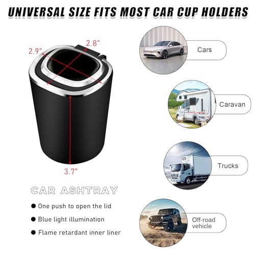 Image of Ohleats Car Ashtray, Detachable Stainless Steel Smokeless Ash Tray with LED Blue Light, Auto Ashtray with Lid Smell Proof Weed for Most Vehicles, Universal Interior Car Accessories (Pack of 2)
