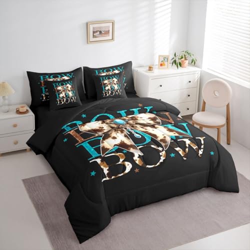 Image of Cowhide Bow Full Size Bed Sheets and Comforter Set | Dreamy Princess Style Bowknot 7-Piece Bedding Set Cow Print Bow Tie Bed in a Bag, Kawaii Geometric Bow-Tie Bed Sets,Cute Room Decor Aesthetic