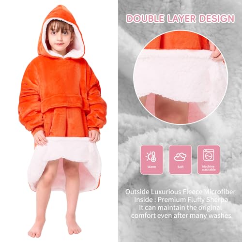 yescool Wearable Blanket Kids Hoodie, Birthday Teen Girls Gifts for 8-15 Year Old Kids Oversized Sweatshirt Sherpa Flannel Cozy Hooded Blanket with Pocket for Children, Youth Teens, One Size, Orange