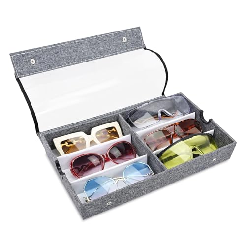 Image of Ikee Design Large 6 Slot Eyewear Storage Organizer Box Display Case Holder, Durable Eye Glasses Storage for Eyeglasses, Watches and Jewelry 13 3 /8 W x 7 3 /4 D x 2 1 /4 H in, Gray Linen