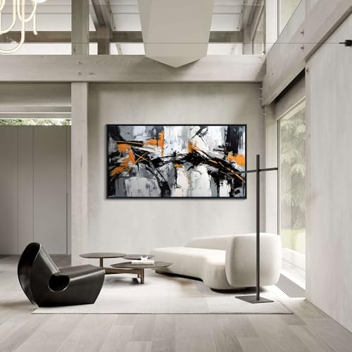 Framed Large Abstract Canvas Wall Art Modern Wall Art for Living Room - Canvas Wall Decor for Office and Home - Framed Artwork for Walls Black, White, Gray and Unique Orange Accents 29×58in - Image 3