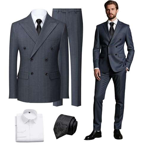 Mens Suit 4 Pieces Tuxedo Blazer Slim Fit Peaked Lapel Striped Double Breasted Pants Shirt Tie Wedding Prom Business