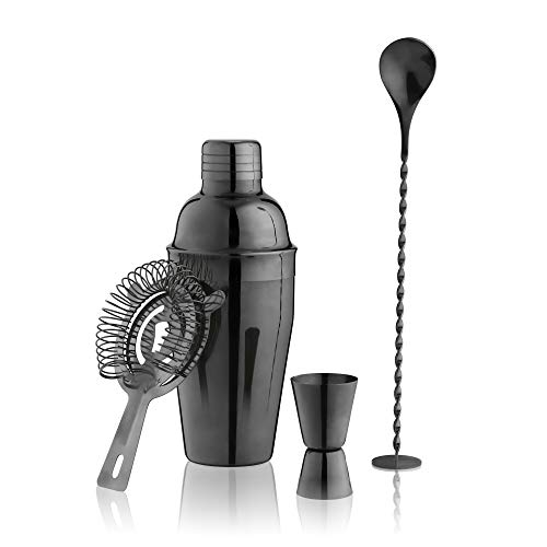 True Barware Set Cocktail Tools with Cobbler Shaker with Lid Double Jigger Muddler Bar Spoon Swizzle Stick Hawthorne Strainer Bartender Accessories 1375 Jet Gunmetal Black