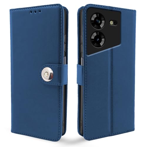 Image of Pikkme Tecno Pova 5 / Tecno Pova 5 Pro 5G Flip Cover Leather Finish | Inside TPU with Card Pockets | Wallet Stand and Shock Proof | Complete Protection Button Flip Case (Blue)