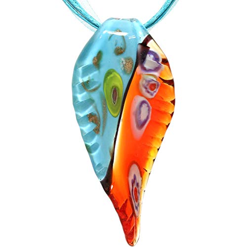 AnsonsImages Hand Blown Glass Necklace Curved Leaf Turquoise Red Orange Murano Inspired Pendant