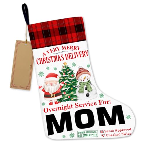 Mukjyuyi Mom Christmas Stocking, Santa Burlap Christmas Stocking Gifts for Mom, Mom Xmas Stocking Fireplace Hanging Stockings for Family Holiday Christmas Decorations