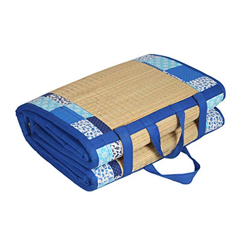 Image of Foldable Mat 6.5 X 6 Feet Korai River Grass chatai Light Blue Cotton Fabric with 20MM Soft Foam Comfort Cushion