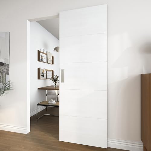 JUBEST 30"x84" Concealed Sliding Barn Door with Horizontal Groove and Soft Close Hardware Kit, White Flush Hidden Door for Opening 26"-28"x80", Waterproof and Smooth Sliding, for Interior Using by JUBEST - Used condition - US$341.45