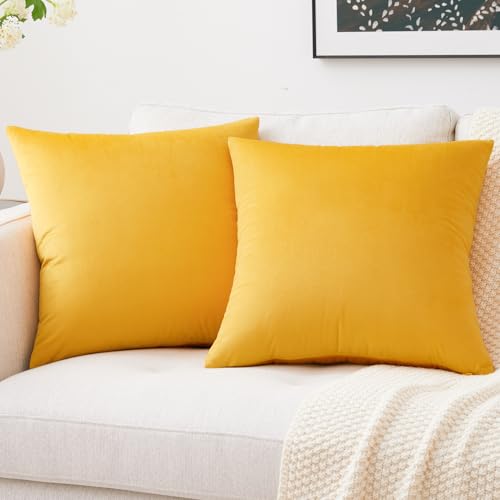 Image of Mixhug Decorative Throw Pillow Covers, Velvet Cushion Covers, Solid Throw Pillow Cases for Couch and Bed, Mustard Yellow, 16 x 16 Inches, Set of 2