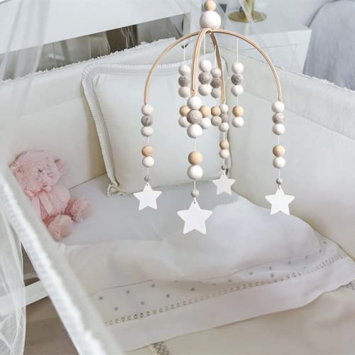 Star Mobile For Crib, Handmade Baby Crib Mobile, Boho Nursery Decor For Baby Boys Girls Kids, Crib Wooden Mobile With Colorful Cotton Ball (Grey Star) #TOP4