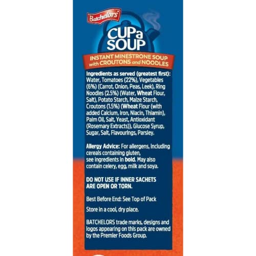 Image of Batchelors Cup a Soup Minestrone with Croutons, 94g (4 Sachets) | Instant Vegetable Soup | Tomato & Vegetable with Pasta Rings | Low Fat Vegetarian Soup | Just Add Hot Water