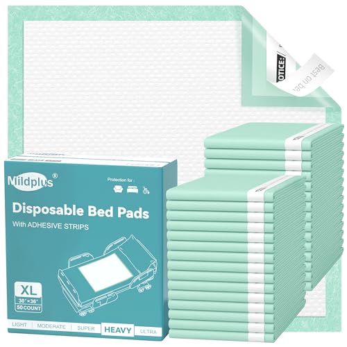 Image of MILDPLUS Disposable Bed Pads with Adhesive Strip 30 inch x 36 inch (50 Count), Super Absorbent Incontinence Underpads for Adult, Ultra Thick Leakproof Extra Pee Pads, Pet Training Pad