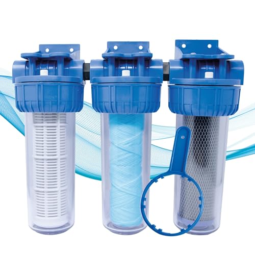 AQUASKUDO Filtro Acqua Rubinetto tre Stadi 3/4, Kit Filtro Acqua Sotto Lavello Made in Italy - Depuratore Acqua Domestico, Contenitore Filtri Anticalcare e Carboni Attivi