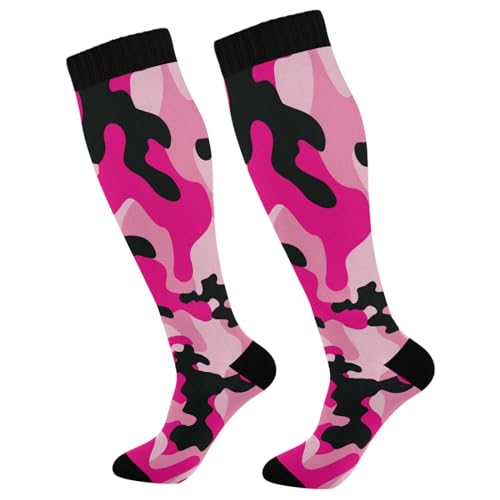 Kigai Pink Camo Compression Socks for Women Men, Circulation Knee High Stockings for Running Cycling Medical