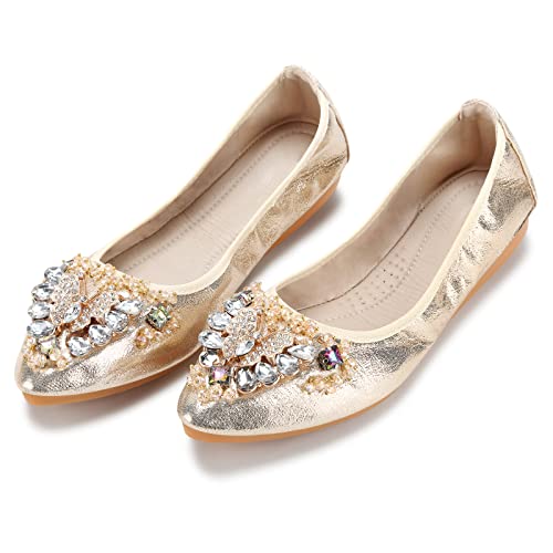 KUNWFNIX Women's Leather Ballet Flats with Crystal Butterfly Embellishment, Slip-on,