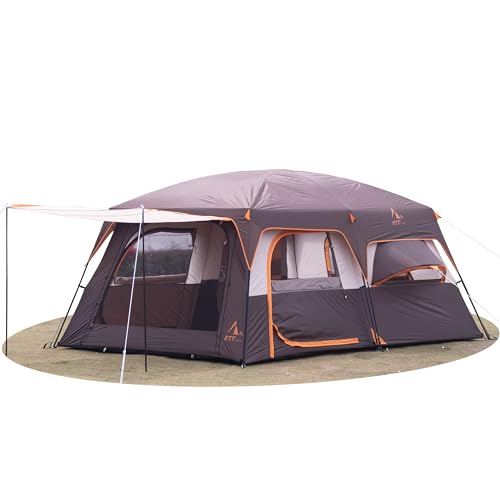 KTT Extra Large Tent 12 Person,2 Bay-Windows,Family Cabin Tents,14’Lx10’Wx6.58’H,2 Rooms and 3 Doors 3 Windows with Mesh,Waterproof,Straight Wall,Big Tent for Outdoor,Picnic,Camping,Gathering