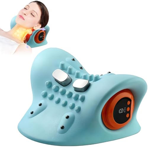 Back Shoulder and Neck Massager with Heat New EMS Back Neck Massager Neck and Shoulder Relaxer Heated Neck Stretcher Pillow Cervical Neck Traction Pillow Rechargeable 3 Modes 6 Speeds (Blue)