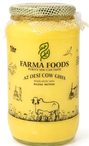 Image of FARMA FOODS A2 Desi Cow Ghee 1 Litre | Bilona Method Hand Churned | Traditional Pure Natural Ghee | No Preservatives | Farm Fresh Taste | Everyday Cooking Nutrition