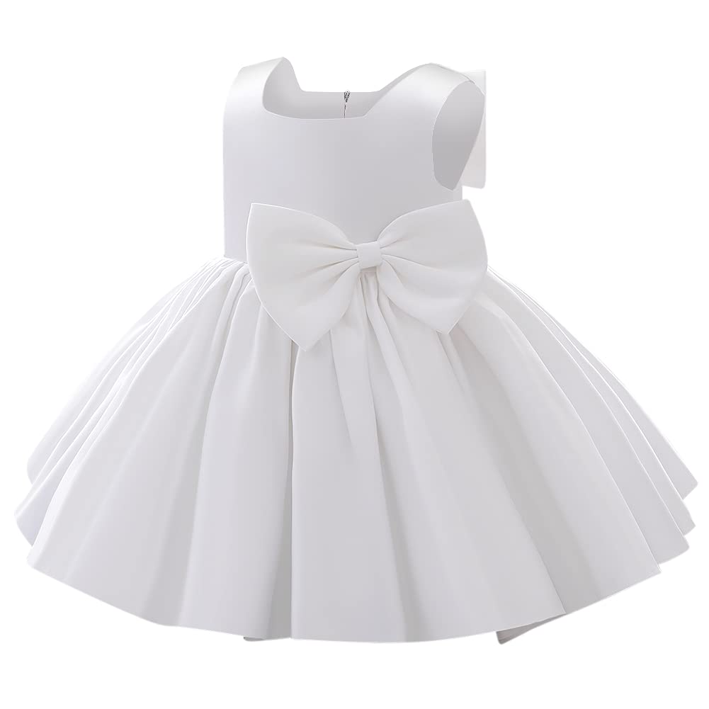 Flower Girl Dress for Wedding Kids Toddler Sleeveless Satin Bowknot Tulle Tutu Princess Dresses Bridesmaid Baptism Christening First Communion Pageant Birthday Party Prom Gown White 12-18 Months