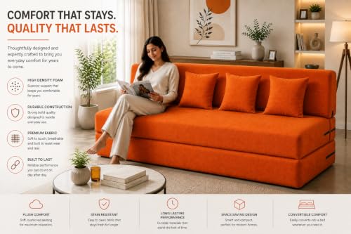 Image of Four Seater Sofa Cum Bed 6x6 Ft with Soft Foam Cushioning, Comfortable Foldable Sofa Bed for Living Room, Bedroom, Guest Room & Office(Orange)
