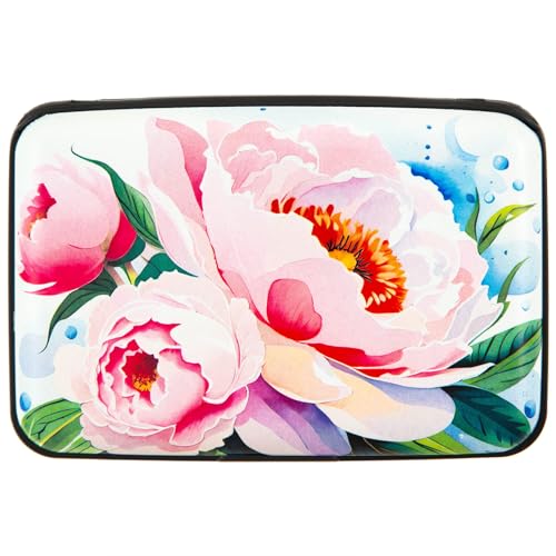 Image of Credit Card Holder Small RFID Blocking Wallet Business Metal Slim Mini Aluminum Hard Case for Women Men Gift, Watercolor Pretty Peonies Flower, small, Minimalist, Compact, American