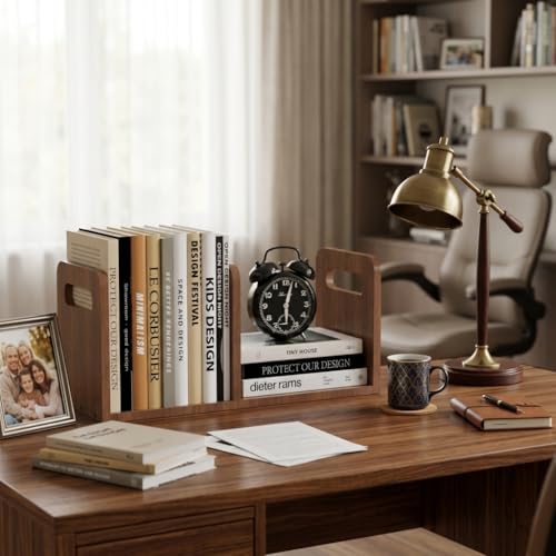 Image of 100% Solid Wood Adjustable Desktop Bookshelf With Movable Divider, Retro Tabletop Bookshelf With Convenient Handle Design for Living Room, Home, Office, Perfect for Magazines, Books, Files (Brown)