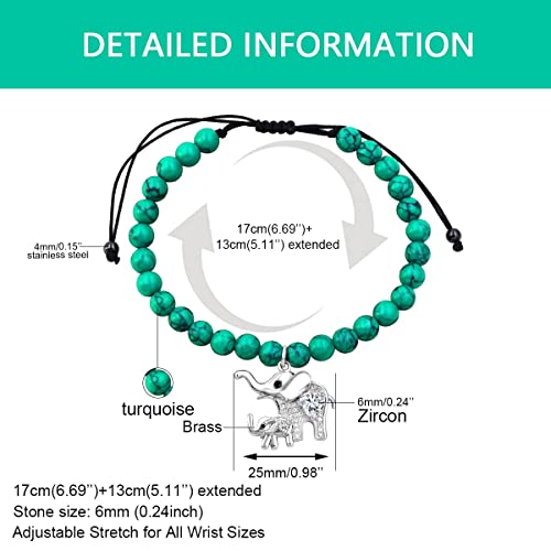Image of Matte Agate Black Onyx /Turquoise Beads Bracelet, Good Luck Mom and Baby Elephant Bracelet, To My Mom Bracelet Gifts for Mothers Day from Daughter