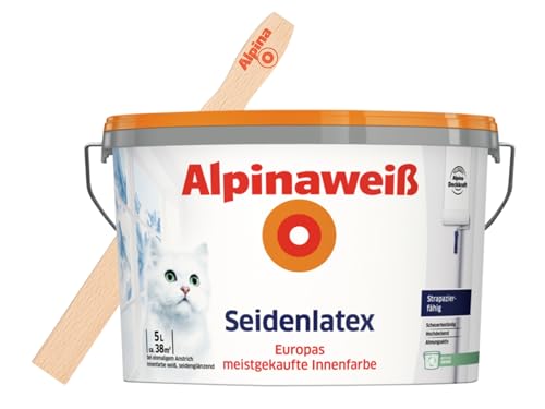 Alpinaweiß Seidenlatex 5 Liter Weiß – hochwertige Wandfarbe für seidigen Glanz – ergiebig, deckend & strapazierfähig – inkl. gratis Rührholz