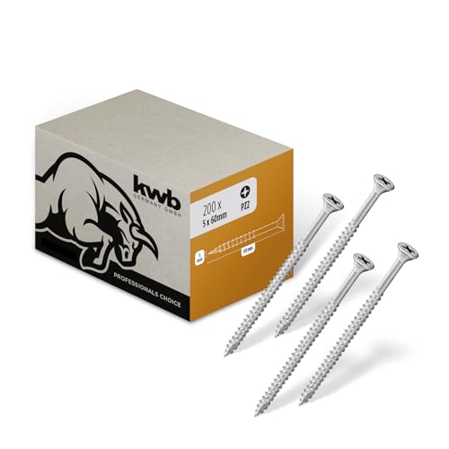 Vis à bois kwb 5x60 mm, PZ2, 200 pièces, empreinte cruciforme, vis pour panneaux agglomérés, filetage partiel, revêtement Cr3, pointe de perçage type 17