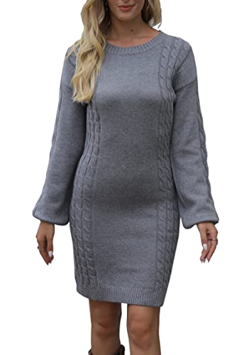 Vthereal Damen Pulloverkleid Rundhals Langarm Strickkleider Elegante Winterkleid Minikleid Pullover Winterkleid,Grau,XXL Cover